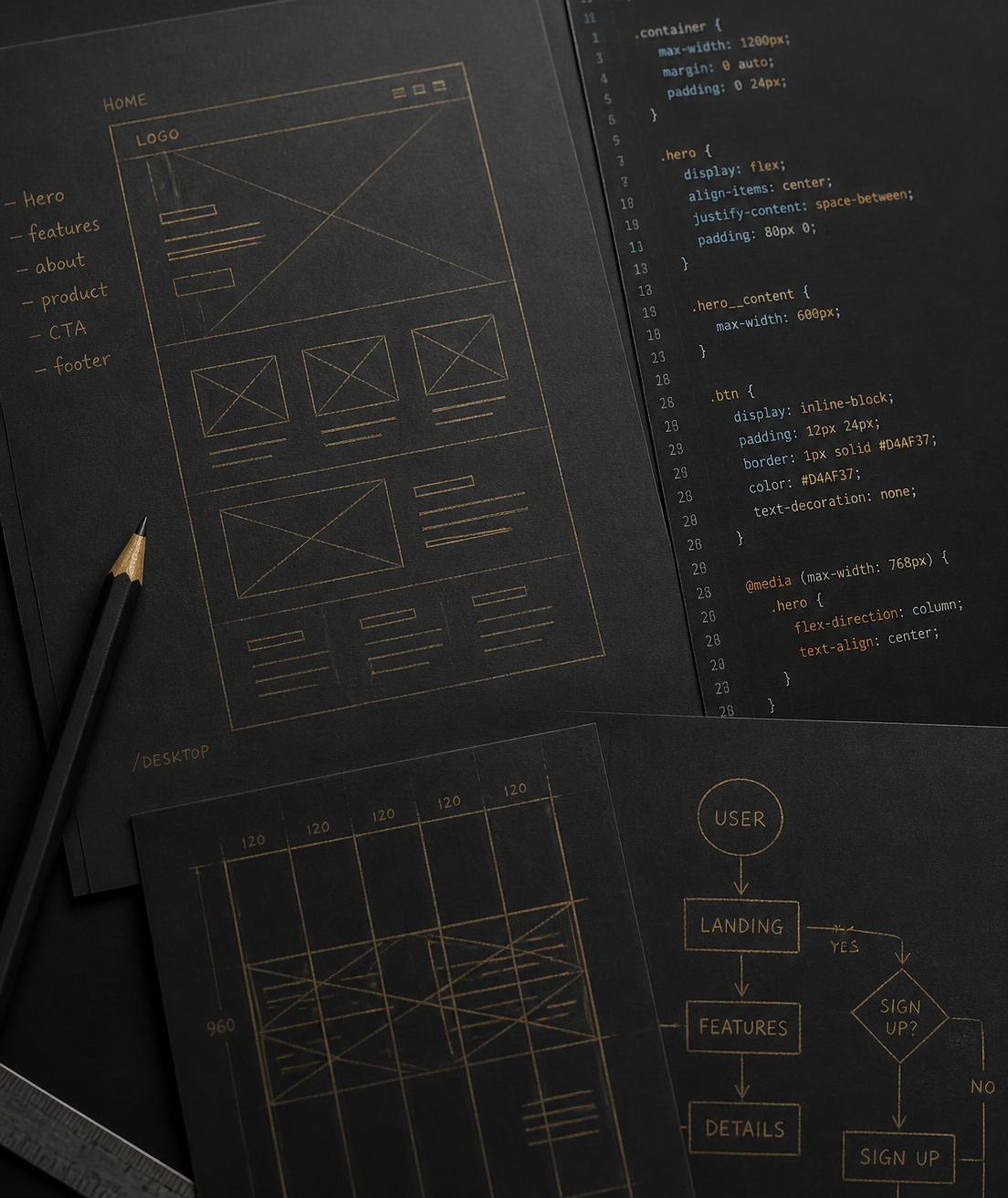 Wireframe sketches, layout grids and code snippets from the Apex Web Design process