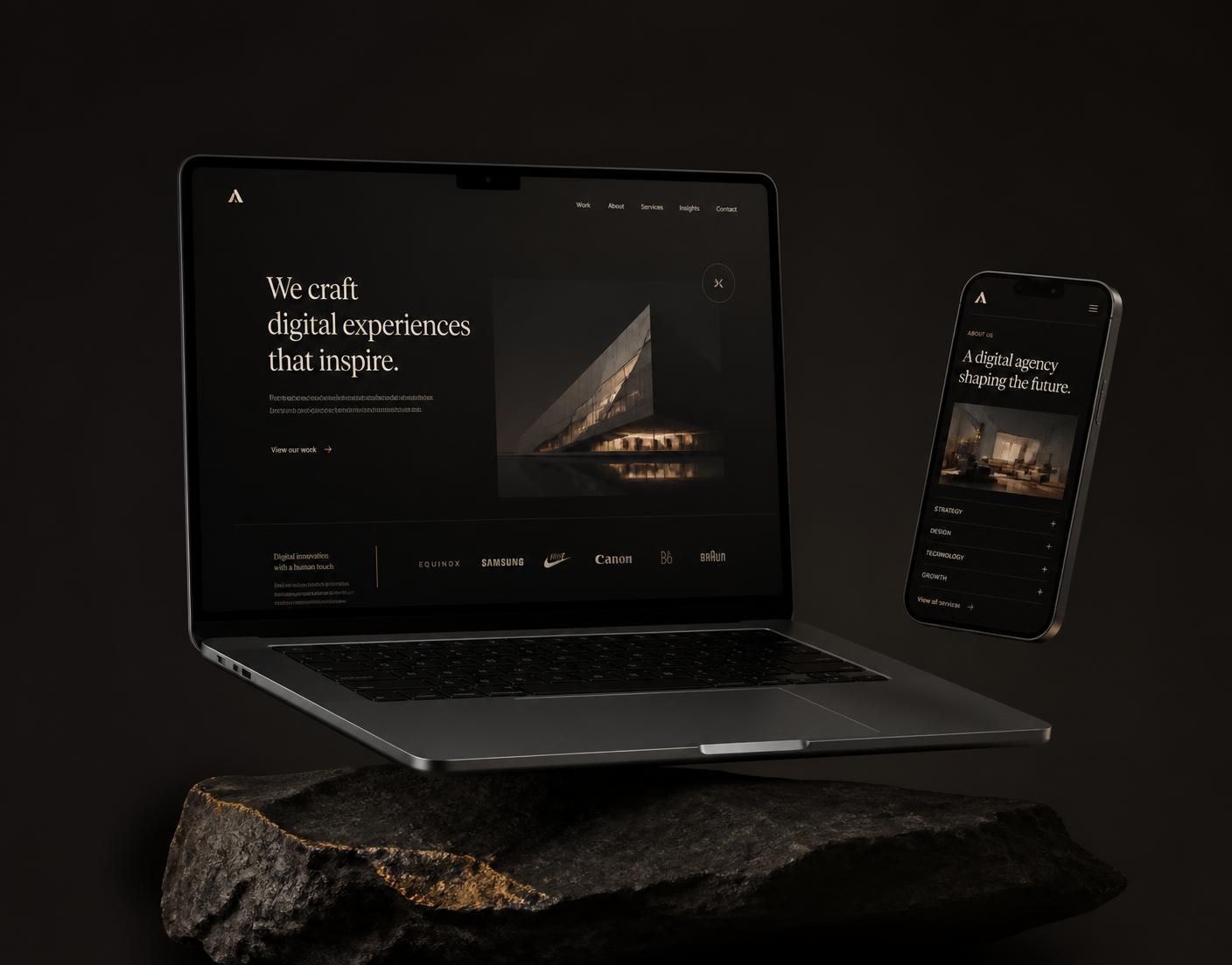 Premium dark-themed website design by Apex Web Design shown on a laptop and phone