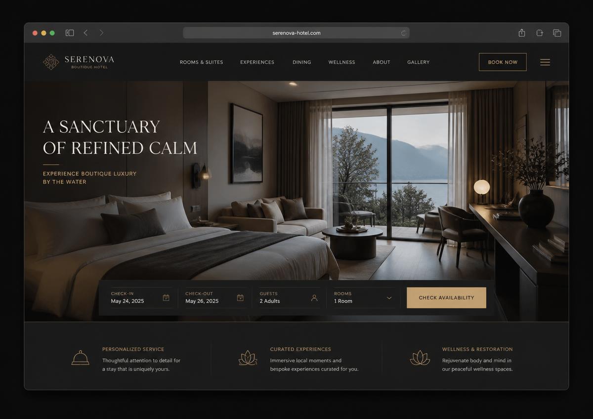 Serenova Boutique Hotel website design concept for the hotel & hospitality industry